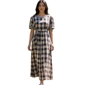 Unbranded Maxi Dress L Black Tan Plaid Floral Gingham Trim Cottagecore Vintage